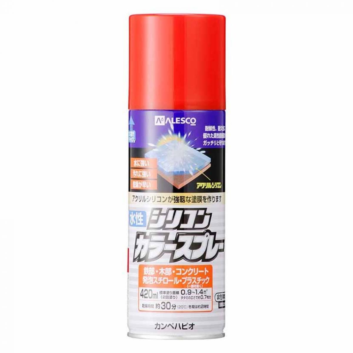強靭な塗膜を作ります！ ・アクリルシリコン樹脂により耐候性、耐久性に優れた汚れに強い強靭な塗膜を形成します。 ・細かなキリ状に噴霧されますので、たれにくく、美しい色と日光に強い塗膜が得られます。 ●用途：鉄部、屋内外木部（床を除く）、発泡スチロール、プラスチック（アクリル、スチロール、硬質塩ビ、ABS樹脂以外は不適）、コンクリート（床を除く）、スレート、モルタル、ガラス（屋外のガラスサッシや窓ガラスなど耐久性の求められる箇所には不適）、アルミ。（吸い込みの大きいMDF板、自動車、高級家具、ストーブの高温部は不適。） ●乾燥時間：約30分（気温20°C）。冬期は約2時間です。 ●塗り面積：0.9～1.4m2(たたみ換算約0.7枚分) ●容量：420ml 【返品について】 ※お客様都合でのキャンセル及び返品・交換は受け付けておりません。あらかじめご了承の上、ご注文ください。※商品の仕様・パッケージや原産国・原産地などは、メーカーの都合により予告なく変更される場合がございます。最新の情報につきましては、メーカーにご確認くださいますようお願いいたします。