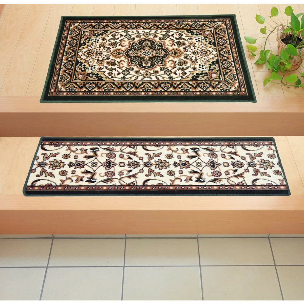 【i】【代引不可】イケヒコ 玄関マット メンデル グリーン 約30×90cm 王朝柄 あがり框 洗える #2027710【北海道・沖縄・離島不可】