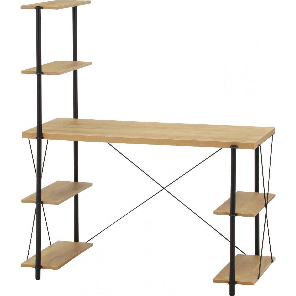 【I】不二貿易 EZBOワイヤーロック片袖デスク ナチュラル オーク/ブラック EZ-DK120　机 棚付き PCデス..