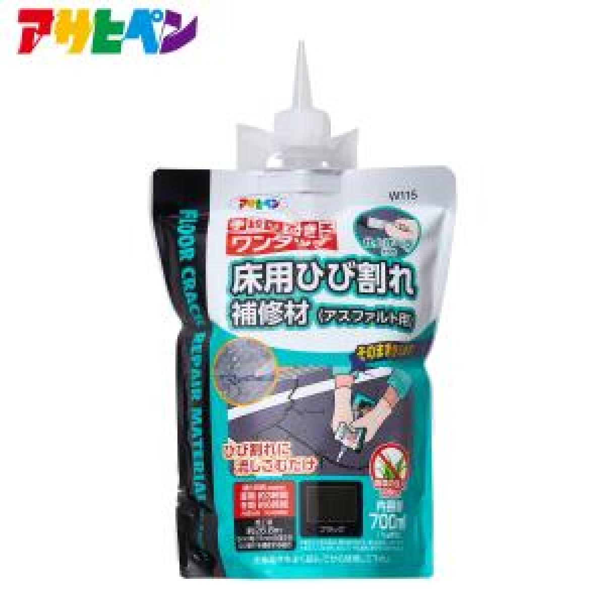 【アサヒペン 床用ひび割れ補修材】 ◇手絞りできるワンタッチ式！ひび割れに流しこむだけ！ ※仕上げヘラ付き 【特長】 ◇そのまま使える樹脂モルタル ◇屋内外に使用でき、使いやすいノズル付き 【用途】 ◇コンクリート・アスファルト水平床面のひび割れの補修材 【必要用具】 ◇ゴム手袋・保護メガネ・ワイヤーブラシ・コテ又はヘラ等 【施工手順】 ◇補修箇所の汚れ・ゴミ・コケ・カビ・油・老化した部分などをワイヤーブラシや洗剤などで除去、乾かす ◇ノズルを反時計回りに廻して外し、ノズルの先端を補修箇所に合わせて切り取り、内フタを取った後ノズルを取付ける ◇ひび割れにノズル先端を押し当て、容器から中身を押し出しながら移動させ、ひび割れを埋め、コテやヘラ等で押し込む ◇深いひび割れは、床表面から6mmの深さまで細かい砂を詰め込み、その上から本品を注入 ◇硬化後、肉やせが生じた場合は、その上に本品をもう一度施工 【注意事項】 ◇表示の用途以外には使用しない ◇体調が悪い時や、アレルギー・化学物質に敏感な人は使用しない ◇作業開始時より乾燥が完了するまで5C以下になる時や、48時間以内に降雨が予想される時は使用しない ◇下地が湿っていたり、濡れていたりする状態で使用しない ◇気象条件・施工条件により硬化時間、施工量が多少異なることがあります 【規格】 ◇350ml（500g相当） ◇700ml（1kg 相当） 【ご購入前にご確認ください】 ※沖縄・離島、その他一部地域からのご注文はお受けできません。システムの都合上ご注文は可能ですが、 自動キャンセルになりますのでご了承ください。 ※当店ではのし・ラッピング梱包は承っておりません。 ※お客様都合でのキャンセル及び返品・交換は受け付けておりません。あらかじめご了承の上、ご注文ください。※商品の仕様・パッケージや原産国・原産地などは、メーカーの都合により予告なく変更される場合がございます。最新の情報につきましては、メーカーにご確認くださいますようお願いいたします。