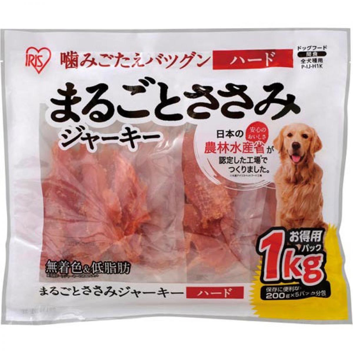 肉のおいしさをそのまま形にした、まるごとささみジャーキー噛み応えのよいハードタイプです。農林水産省より指定加熱処理施設として認定された工場で製造しています。温度、衛生管理などの指定基準をクリアした工場で生産を行い、品質にこだわったジャーキーです。《製品仕様》●内容量：1kg(200g×5)●主要素材：鶏ささみ、でん粉、食塩、グリセリン、プロピレングリコール、保存料（ソルビン酸K）、酸化防止剤（ビタミンC）、発色剤（亜硝酸Na）●エネルギー：100g当たり261kcal●成分：たんぱく質45.0%以上、脂質1.0%以上、粗繊維1.0%以下、灰分5.0%以下、水分30.0%以下 【ご購入前にご確認ください】※沖縄・離島、その他一部地域からのご注文はお受けできません。システムの都合上ご注文は可能ですが、自動キャンセルになりますのでご了承ください。※当店ではのし・ラッピング梱包は承っておりません。※お客様都合でのキャンセル及び返品・交換は受け付けておりません。あらかじめご了承の上、ご注文ください。※パッケージは予告なく変更になる場合がございます。※商品の仕様・パッケージや原産国・原産地などは、メーカーの都合により予告なく変更される場合がございます。最新の情報につきましては、メーカーにご確認くださいますようお願いいたします。