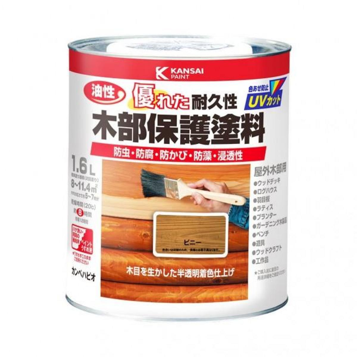 【商品情報】 □カンペハピオ 油性木部保護塗料 1.6L ピニー □木部に浸透して木目を生かす屋外未塗装木部専用塗料 □優れた木材防虫、防腐、防かび、防藻効果を発揮 □木材に浸透し、木目を生かした半透明着色仕上げ 【用途】 □塗れるもの：ウッドデッキ、ログハウス、ラティス、その他ガーデングッズ等 □塗れないもの；吸い込みのない木材(人工木、樹脂製エクステリア、プリント合板、デコラ板等の化粧板)常に水に浸かるところ、食器と接触する所、置く所、木製の鳥かご、犬小屋、温室の内部、床板、縁の下、柱など構造木材 □乾燥時間；20°C/約8時間(塗り重ね2時間以上) 、冬期/約12時間(塗り重ね6時間以上) □塗り面積(1回塗り)；8～11.45平方メートル(タタミ約 5～7 枚分) 【ご購入前にご確認ください】 ※沖縄・離島、その他一部地域からのご注文はお受けできません。システムの都合上ご注文は可能ですが、自動キャンセルになりますのでご了承ください。 ※当店ではのし・ラッピング梱包は承っておりません。 ※お客様都合でのキャンセル及び返品・交換は受け付けておりません。あらかじめご了承の上、ご注文ください。※商品の仕様・パッケージや原産国・原産地などは、メーカーの都合により予告なく変更される場合がございます。最新の情報につきましては、メーカーにご確認くださいますようお願いいたします。