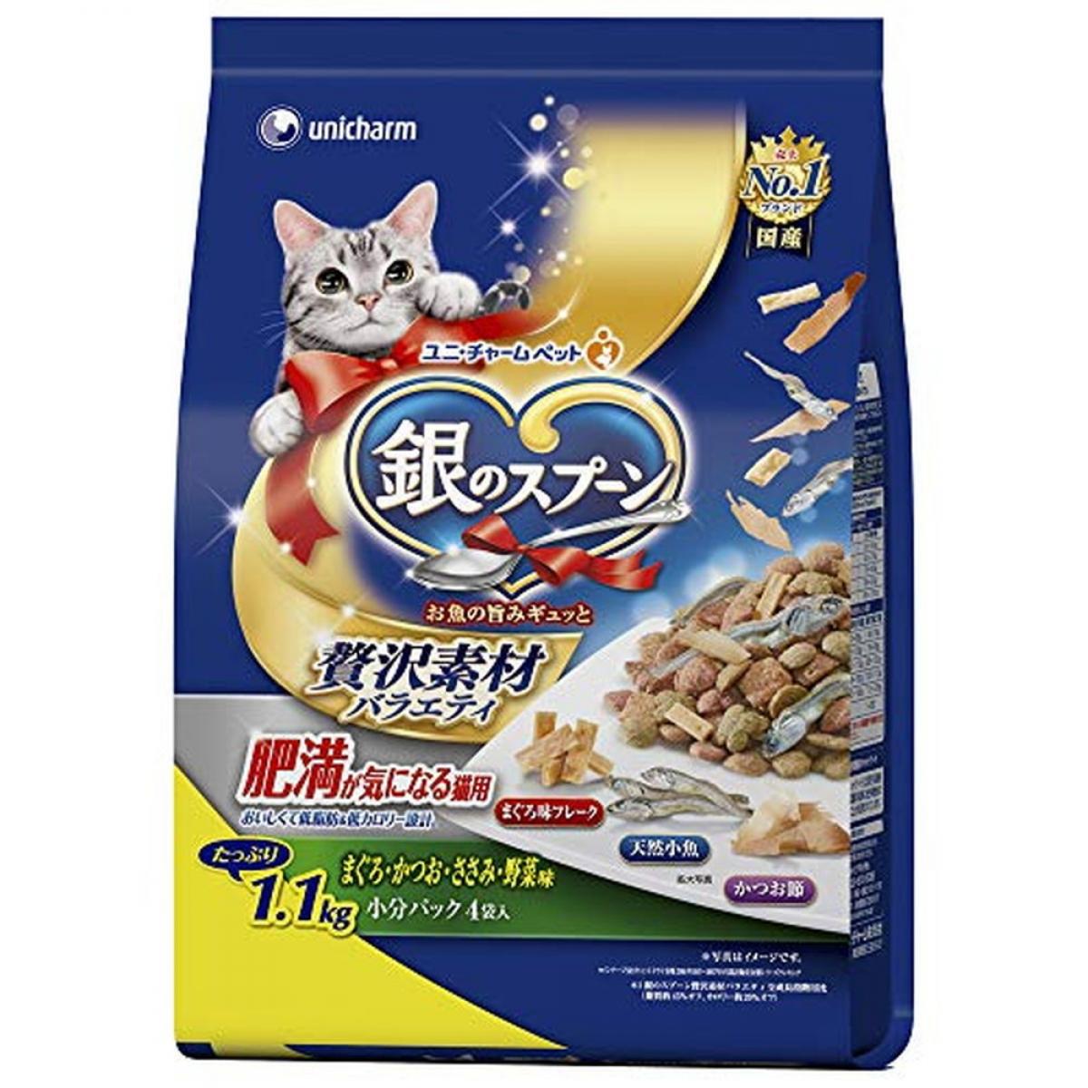 Rakuten - 銀のスプーン キャットフード 贅沢素材バラエティ 肥満が気になる猫用 まぐろ・かつお・ささみ・野菜味に天然小魚・かつお節・まぐろ味フレーク添え 1.1kg