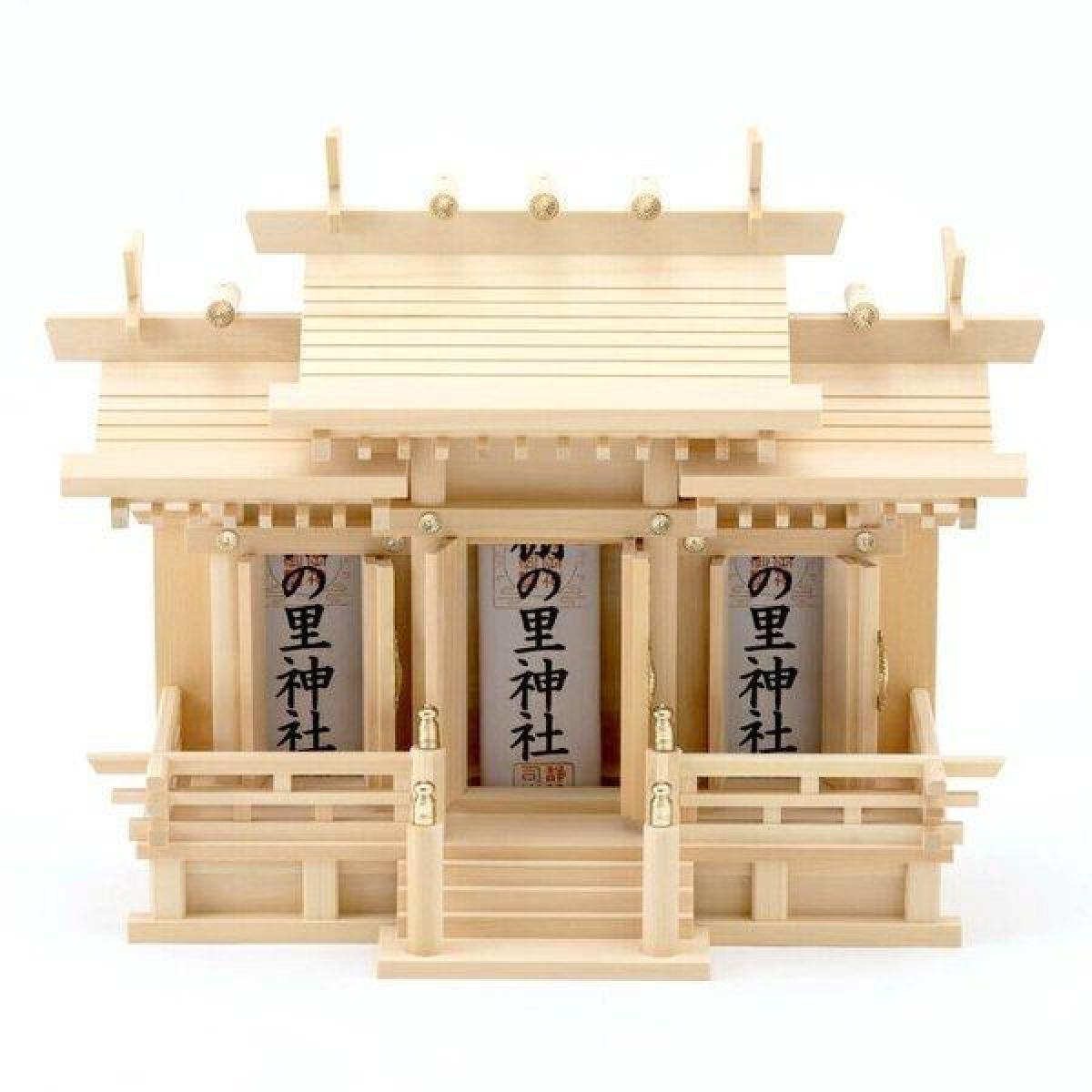 ファンズファクトリーの【お取り寄せ～2週間】静岡木工 神棚の里 屋根違い三社　木曽桧（小） 神棚 木曽檜（ひのき）｜アングル2