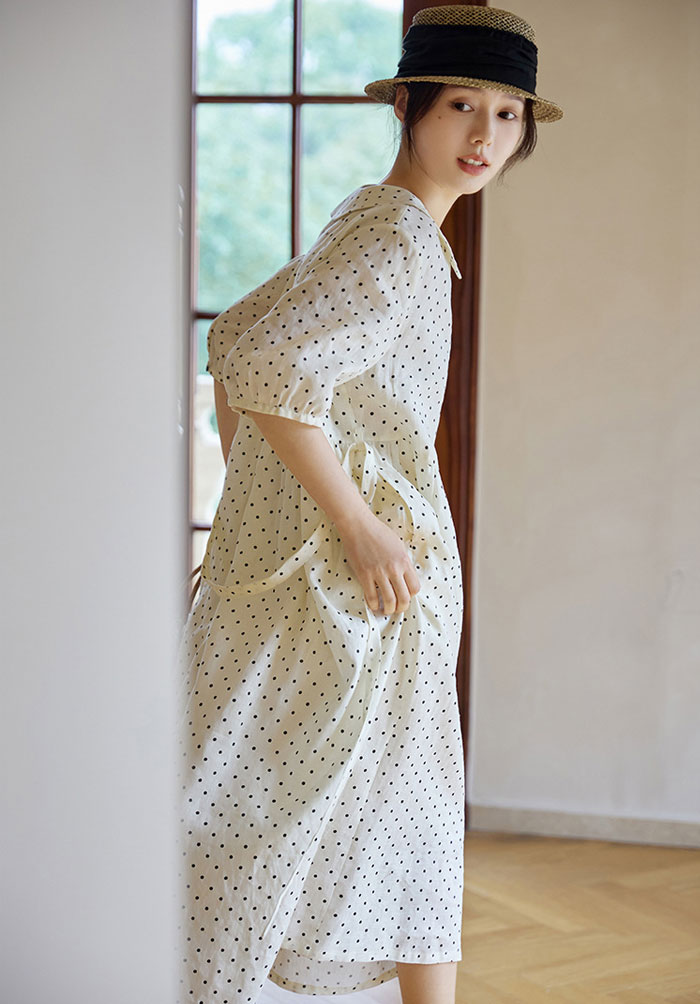 シャツワンピース ロングワンピース 春夏 麻混紡 五分袖 レディース きれいめ 大きいサイズ ドット柄 春 夏 ロング丈 ワンピース 麻 リネン 体型カバー ロングワンピ ミモレ ゆったり カジュアル 大人 着痩せ 30代 40代 50代 ハイウエスト 薄め 送料無料
