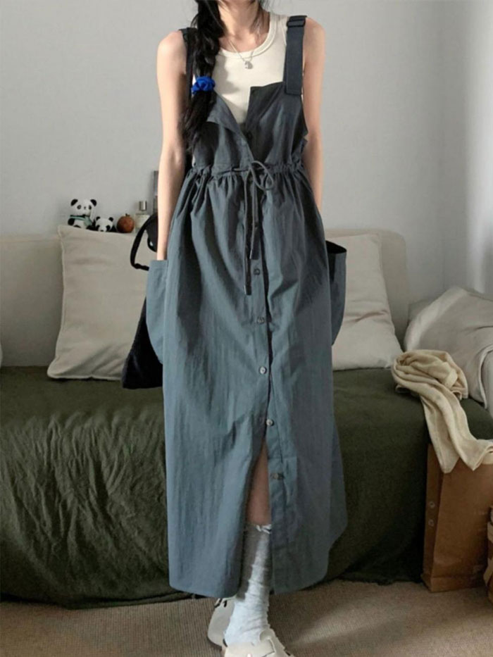 ジャンスカ ジャンパースカート レディース ハイウエスト ワンピース サロペットスカート キャミワンピース 重ね着 レイヤード 可愛い ゆったり ワンピ オールインワン ジャンパー スカート マキシ丈 大きいサイズ 前開き スリット 着痩せ 送料無料