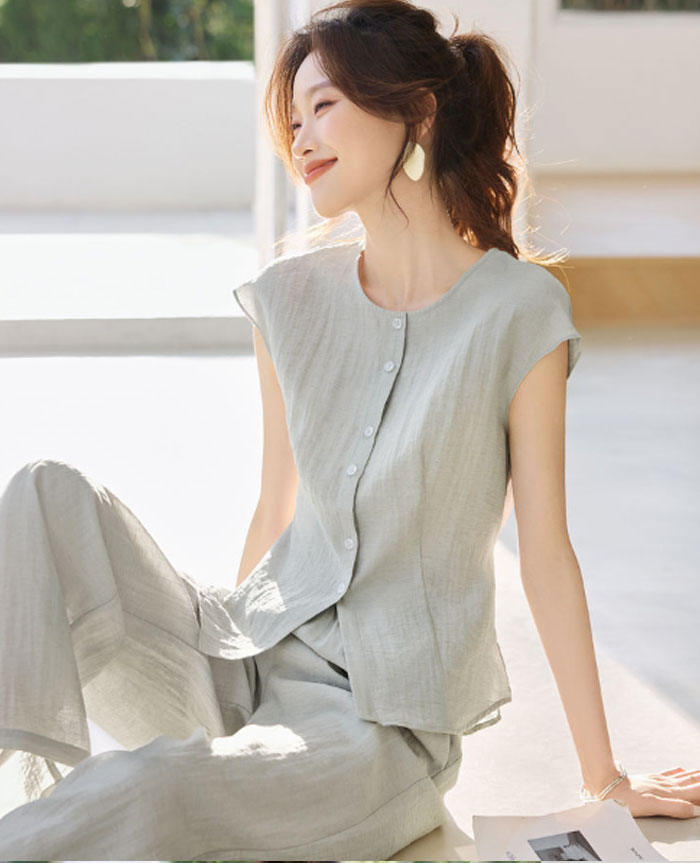 セットアップ ノースリーブ 麻混紡 麻風 レディース 春夏 夏 パンツドレス パンツスーツ 無地 お出かけ お呼ばれ 普段着 ワイドパンツ 体型カバー ゆったり ハイウエスト 脚長効果 着瘦せ カジュアル 通勤 日常 カジュアル