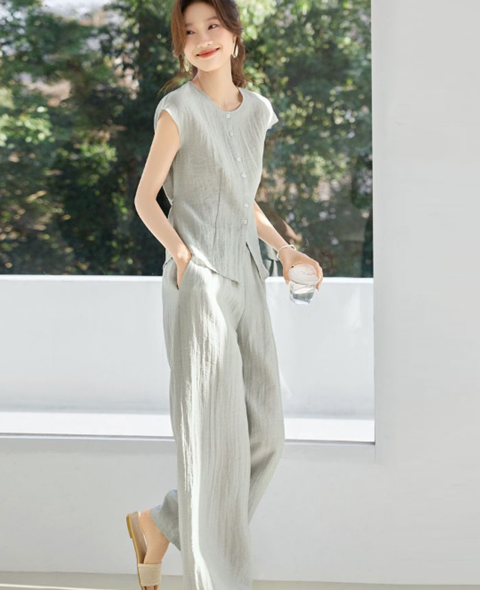 セットアップ ノースリーブ 麻混紡 麻風 レディース 春夏 夏 パンツドレス パンツスーツ 無地 お出かけ お呼ばれ 普段着 ワイドパンツ 体型カバー ゆったり ハイウエスト 脚長効果 着瘦せ カジュアル 通勤 日常 カジュアル