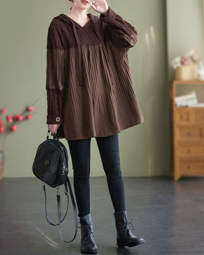 チュニック ドッキング フード付き プルオーバー セーター 秋冬 パフスリーブ 異素材 ブラウス 重ね着風 ニット レディース ニットトップス Aライン 長袖 オーバーサイズ 体型カバー 着映え トレンド カジュアル きれいめ 防寒 暖か ニットセーター ゆったり