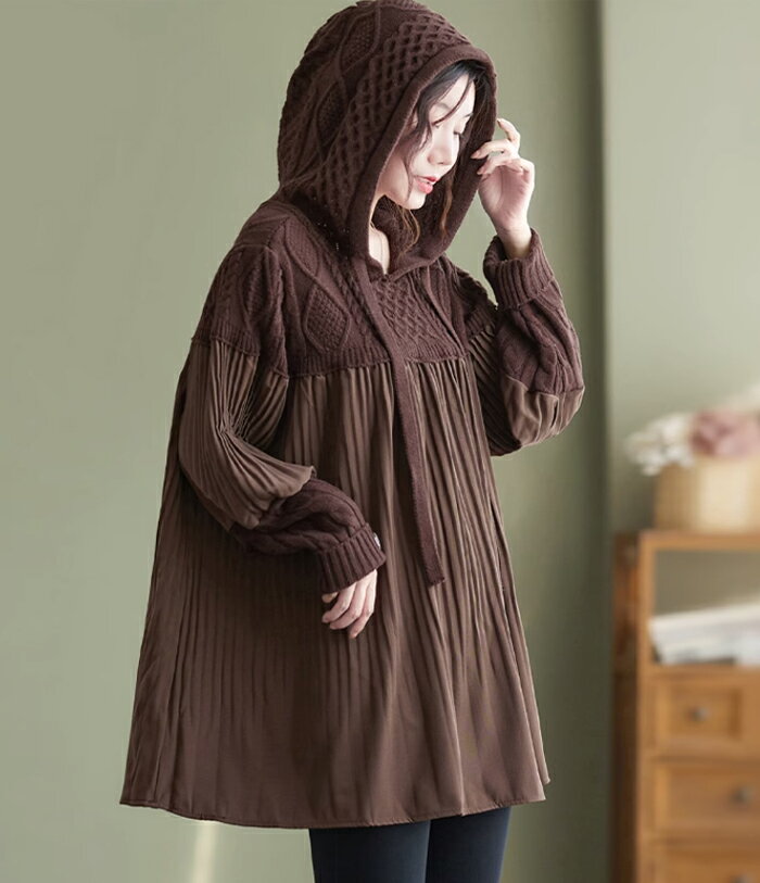 チュニック ドッキング フード付き プルオーバー セーター 秋冬 パフスリーブ 異素材 ブラウス 重ね着風 ニット レディース ニットトップス Aライン 長袖 オーバーサイズ 体型カバー 着映え トレンド カジュアル きれいめ 防寒 暖か ニットセーター ゆったり