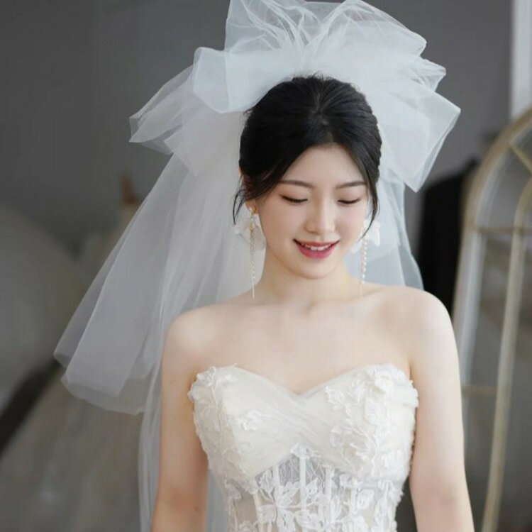 ウェディングベール 花嫁ベール ロング 2層ベール 花嫁用品 ブライダルベール オフホワイト ベール 結婚式 蝶結び付き 写真 かわいい 花嫁 結婚式