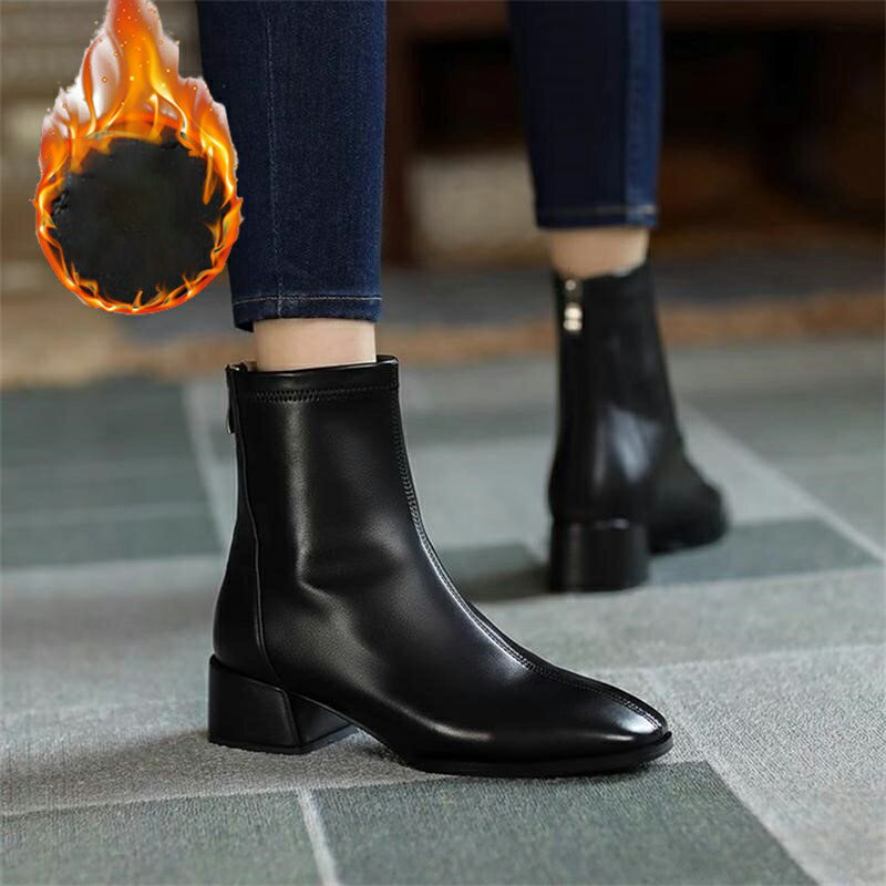 ファッションブーツ ショートブーツ ストレッチブーツ 柔らかい クッション入り ふかふか ミドルヒール 美脚効果 後ろファスナー シンプル レディース