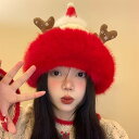 女性用冬帽子女性用ニット冬帽子クリスマス鹿角ウールニット帽ウールヒートキャップ女性用寒い日の髪飾り 耳保護 サンタの帽子を編む ファッション アウトドア