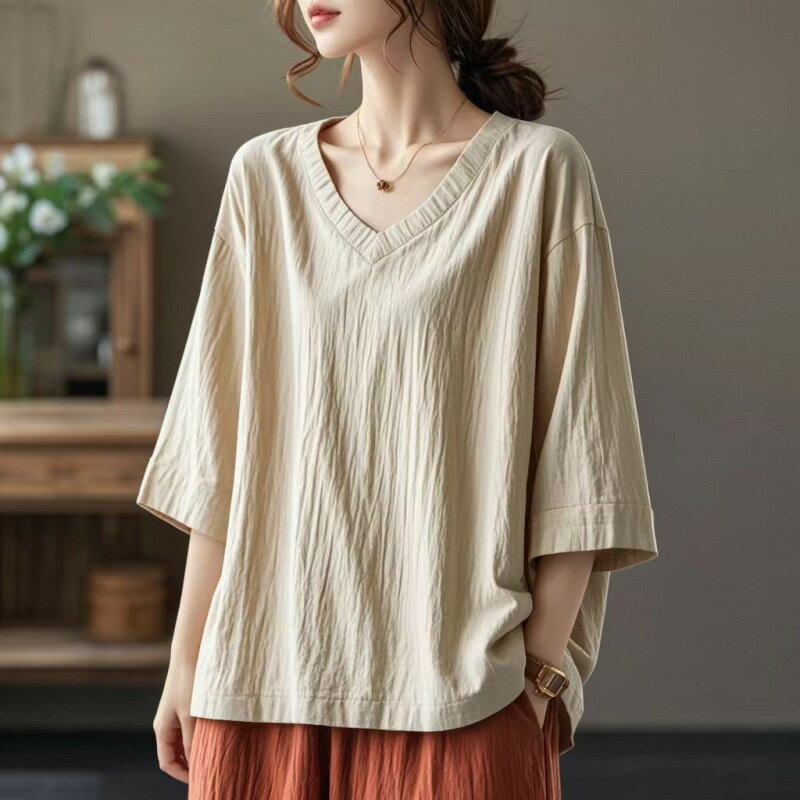 綿麻シャツ シャツ レディース 半袖 夏 ゆったり 無地 7分袖 薄手 綿麻 おしゃれ オフィス 大きいサイズ 女性コート着 薄手 柔かい 文芸風 ティシャツ オフィス 通勤 綿の麻 通気性 日常 無地 大人 春 夏 秋