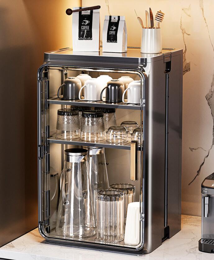 Rakuten - コップ 収納 卓上食器棚 ミニカップボードカウンター上収納コップ お茶碗収納ボックス 2段 3段 扉付 食器乾燥ボックス ミニカップボード カップ乾燥ラック カップラック (グレー2段)