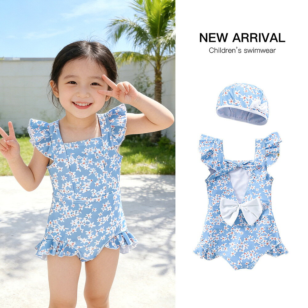 "子供用水着 女の子 ワンピース水着 キッズ水着 2026新作 韓国風 花柄 小花柄 フリル リボン付き スイムキャップ付き かわいい おしゃれ ガールズ プール 温泉 海水浴 ビーチ 夏用 水遊び" 爽やかなブルーカラーに小花柄をあしらい、フリル袖と大きめリボンがアクセントになったおしゃれなデザインです。 "女の子らしい花柄デザインがかわいい、韓国風のキッズワンピース水着です。爽やかなブルーカラーに小花柄をあしらい、フリル袖と大きめリボンがアクセントになったおしゃれなデザインです。ワンピースタイプなので着やすく、プール、海水浴、温泉、水遊び、ビーチレジャーなど夏のお出かけにぴったり。動きやすく、元気に遊ぶお子様にもおすすめです。肩まわりのフリルデザインで可愛らしさをプラスしながら、背中のリボンで後ろ姿も華やかに見せてくれます。写真映えするデザインなので、旅行やリゾートにも最適です。スイムキャップ付きタイプなら、コーデがまとまって、プールや水泳教室にも便利。幼稚園児から小学生まで使いやすい、夏に活躍する子供用水着です。" 5