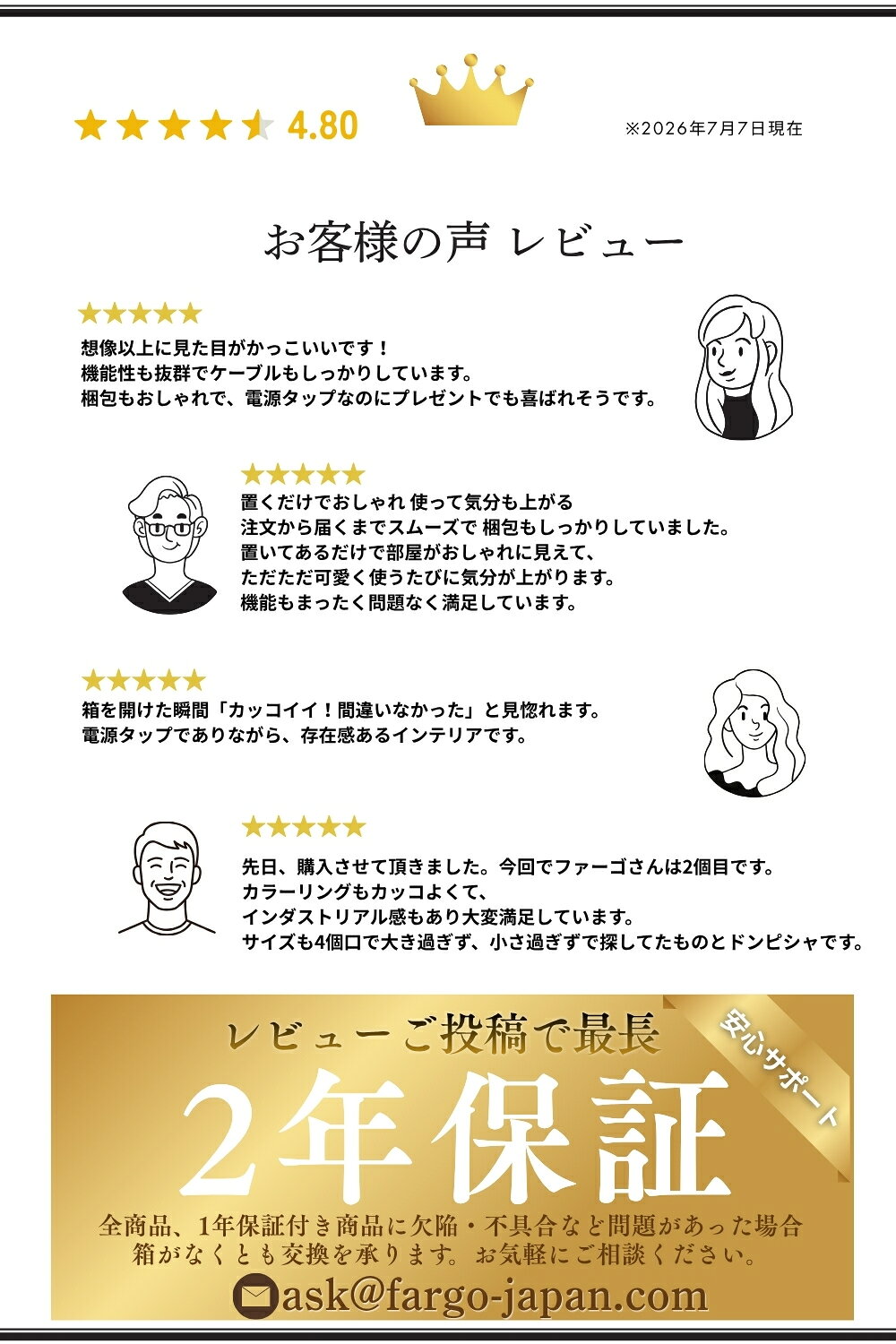 ＜特典付き☆置くだけでおしゃれ＞ Fargo 電源タップ メタルタップ 延長タップ 2m 4m 薄型 コンセント 4個口 延長コード スリム STEEL TAP スチールタップ おしゃれ 3ピン プレゼント インテリア タコ足 スイッチ 雷ガード 固定 タップ 3p ソケット (2)