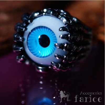 グラスコーティング ビッグセルリアンブルーアイ(青い目玉) ボーンネイル(骨の爪) ＆ラウンドスカルデザイン メンズ ハードスタイルゴシック ステンレスリング