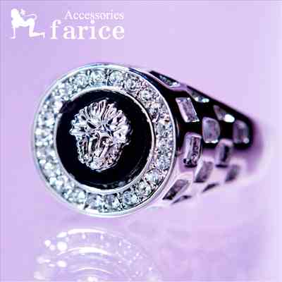 アポロン(太陽神)モチーフ クリアキュービックジルコニア&ブラックアクリル樹脂 ラウンド装飾 ダブルサイド透かしチェック(格子柄)デザイン メンズ レディース ...