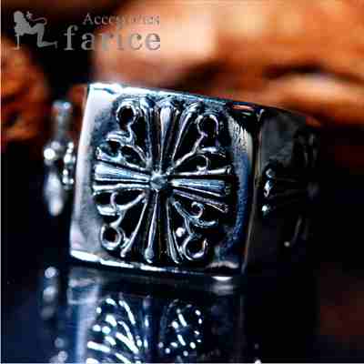 クロス 十字架 クロスフローリー 百合の花の十字紋章 3ポイントレリーフデザイン ハード 印台 メンズ ステンレス リング 指輪