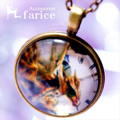 イエロー・ドラゴン(黄龍)デザイン アンティークゴールドカラー ガラス・ラウンドプレート メンズ ペンダント ネックレス【あずきチェーン付き】