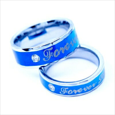 【永遠の愛】メッセージ クリアキュービックジルコニア装飾 メタルブルーカラー ダイヤモンドカット・エッジライン ステンレス ペアリング【7mm幅or5mm幅/個別売り・ペアはプレゼントBOX付き】