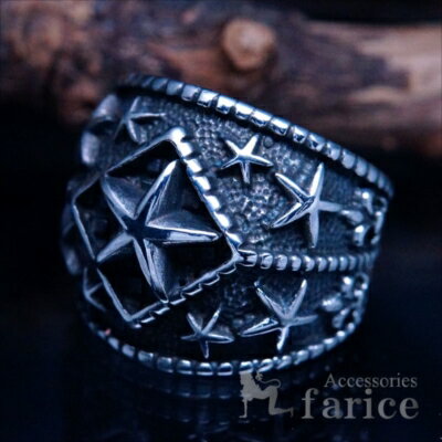 スター&フルールドリス(星&百合の花の紋章)・立体型ラウンド装飾 ブラックグレー燻し風仕上げ メンズ ステンレス リング