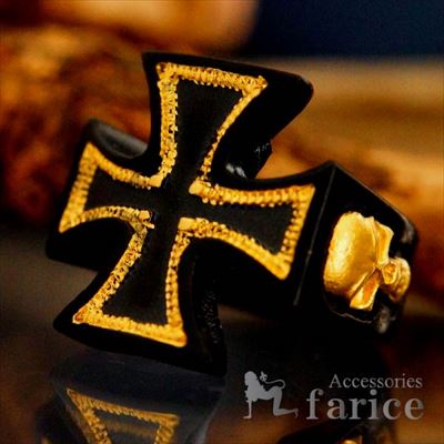 幅広 黒 鉄十字 ブラッククロス ゴシック スカル ドクロ 金の縁取り 十字架 スカル メンズリング 黒 ス..