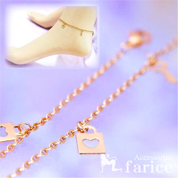 アンクレット ハート キー(鍵) バッグ(鞄) 薄型プレートチャーム装飾 ゴールドカラー レディース 足首のブレスレット アクセサリー 長さ調整アジャスター付き 【 足首用 アンクレット 】