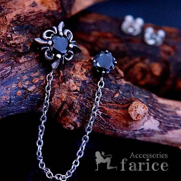 片耳 2ホール ピアス ロングチェーン連結デザイン 百合の爪石留め 黒石 ブラックキュービックジルコニア メンズ ステンレス316L チェーン スタッド ピアス...