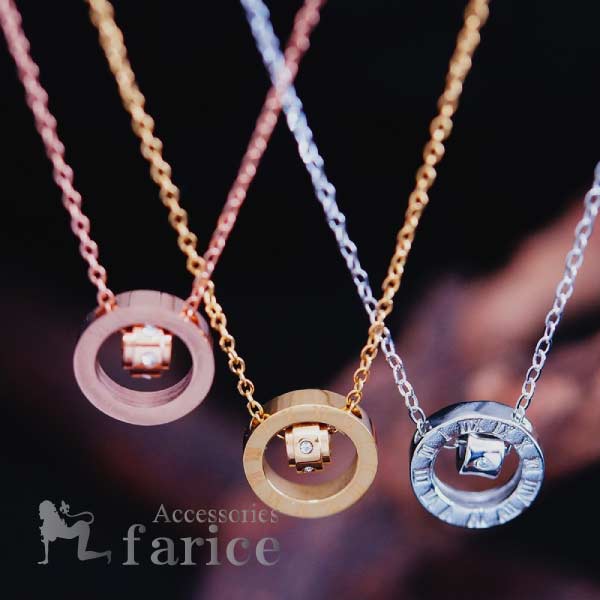 ローマ数字 2連 ミニ リングネックレス 6粒 CZ ペア ステンレス ネックレス 【ピンクゴールド/イエローゴールド/シルバー】