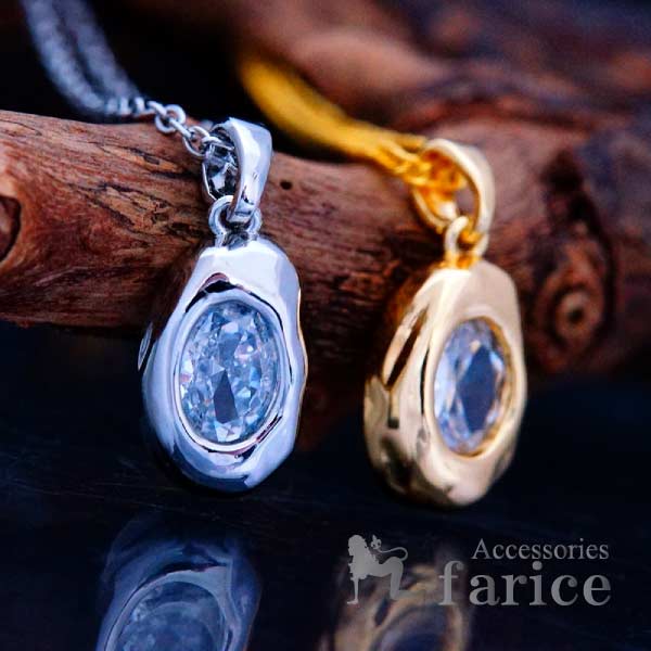 一粒石 キュービックジルコニア CZ ビーン 豆 ジュエリー 艶 光沢 ペンダント ネックレス 【ゴールド/シルバー】