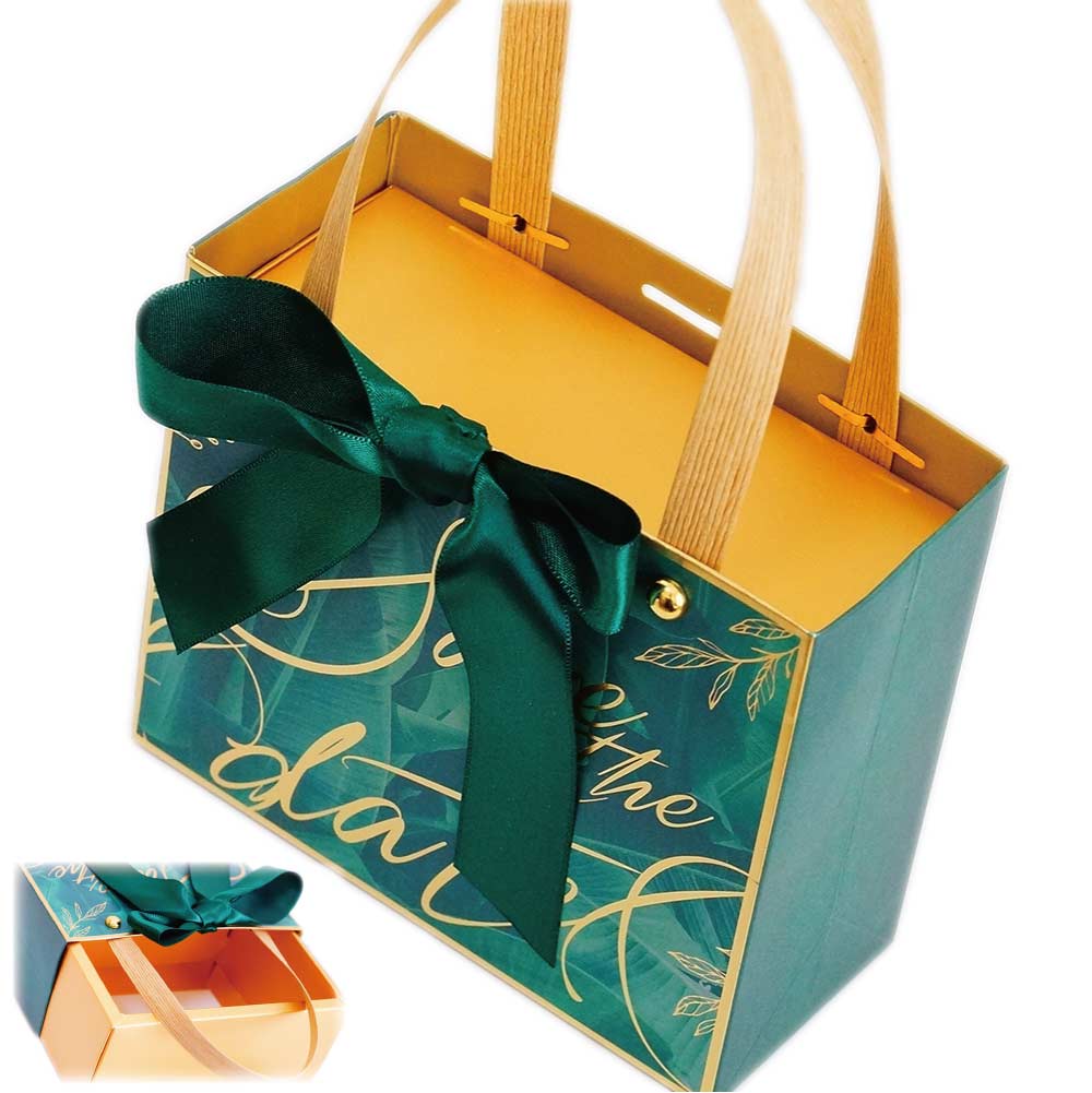 プレゼント ボックス ギフト セット お渡し用紙袋一体型 持ち手付き ラッピングセット 箱 小物 リボン かわいい 緑 グリーン (BOX部分内径 縦9.1cm...
