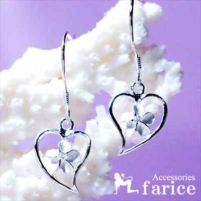 プルメリア(花)&オープンハートデザイン クリアキュービックジルコニア装飾 レディース ハワイアンジュエリー シルバー925 アメリカンフック ピアス【花/6m...