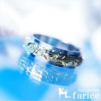 プルメリア(花)&スクロール(波)彫り模様のイエローゴールドカラーハワイアンジュエリーリング