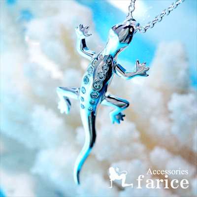 ゲッコー(ヤモリ)モチーフ クリアキュービックジルコニア・2ライン装飾 ハワイアンジュエリー シルバー925 メンズ&レディース ペンダント ネックレス【手足可...