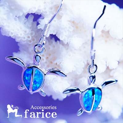 ホヌ(海がめ)モチーフ ブルーオパール装飾 甲羅シングルフレームデザイン レディース ハワイアンジュエリー シルバー925 アメリカンフック ピアス【カメ/縦1...