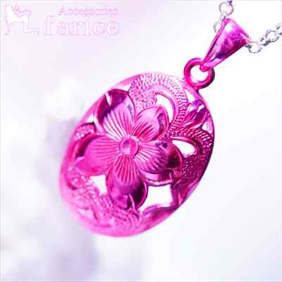 オーバルセンタープルメリア彫り ハワイアンジュエリー メタルピンクペンダント ネックレス