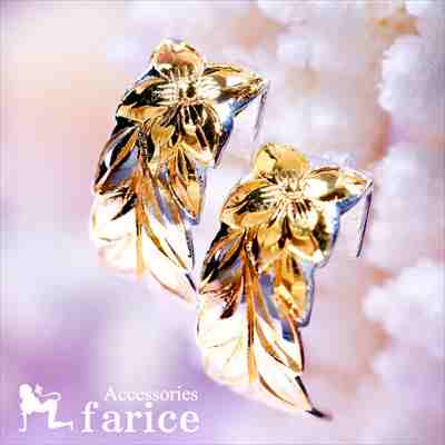 プルメリア(花)&マイレ(葉)彫り カットアウトデザイン イエローゴールドペアカラー レディース ハワイアンジュエリー シルバー925 ハーフムーン スタッドピ...