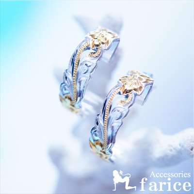 プルメリア(花)&スクロール(波)彫り カットアウトデザイン イエローゴールドペアカラー レディース ハワイアンジュエリー シルバー925 ハーフムーン スタッ...