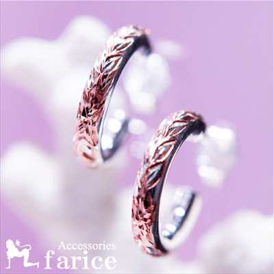 プルメリア(花)&マイレ(葉)彫り ピンクゴールドペアカラー レディース ハワイアンジュエリー シルバー925 ハーフムーン スタッドピアス【3mm幅】