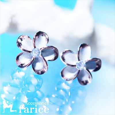 縁取りピンクゴールド 一輪プルメリア(花) クリアキュービックジルコニア装飾 花びら白マット加工&縁取りピンク光沢仕上げ ペアカラー レディース ハワイアンジュ...
