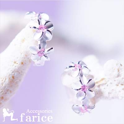 3プルメリア(花) フラワーレイデザイン ピンクキュービックジルコニア装飾 花びらマット仕上げ&縁取りライン光沢 レディース ハワイアンジュエリー ワンタッチ ...