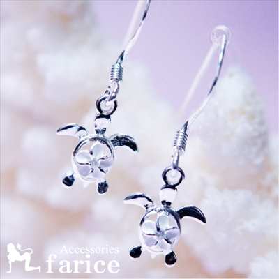 ホヌ ウミガメ透かしタイプ プルメリア 花柄甲羅デザイン クリアジルコニア付き レディース ハワイアンジュエリー シルバー925 フックピアス