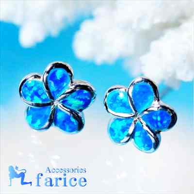 一輪プルメリア(花) 花びらオパール装飾&縁取り銀光沢仕上げ レディース ハワイアンジュエリー シルバー925 スタッドピアス 両耳用【9mm幅】