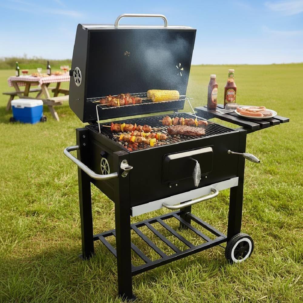 Rakuten - 【1000円OFFクーポン★先着 6/15限定】 バーベキューコンロ 大型 5〜20人用 バーベキューグリル BBQ タイヤ 移動 自立式 キャンプ 屋外 庭 アウトドア パーティー 焼き 蒸し 燻製 焼き網 蓋 フタ ハイタイプ バーベキューコンロ 炭火 炭 グリル 花見 大人数 大ステンレス ビ