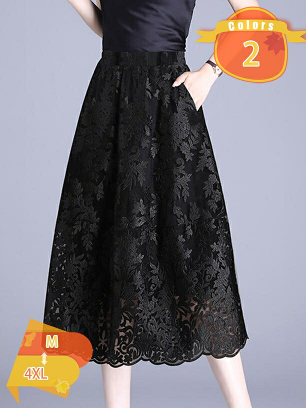 大きいサイズ レディース スカート ウエストゴム レース 透けない ボトムス ロングスカート フレア Aライン 裏地あり 夏物 夏服 夏用 体型カバー フェミニン エレガンス 上品 デート 華やか fascimo