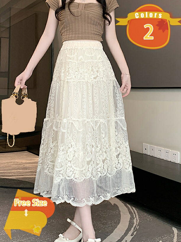 フリーサイズ レディース スカート ウエストゴム レース 透けない ボトムス ロングスカート フレア Aライン 裏地あり 夏物 夏服 夏用 体型カバー フェミニン エレガンス 上品 デート 華やか fascimo