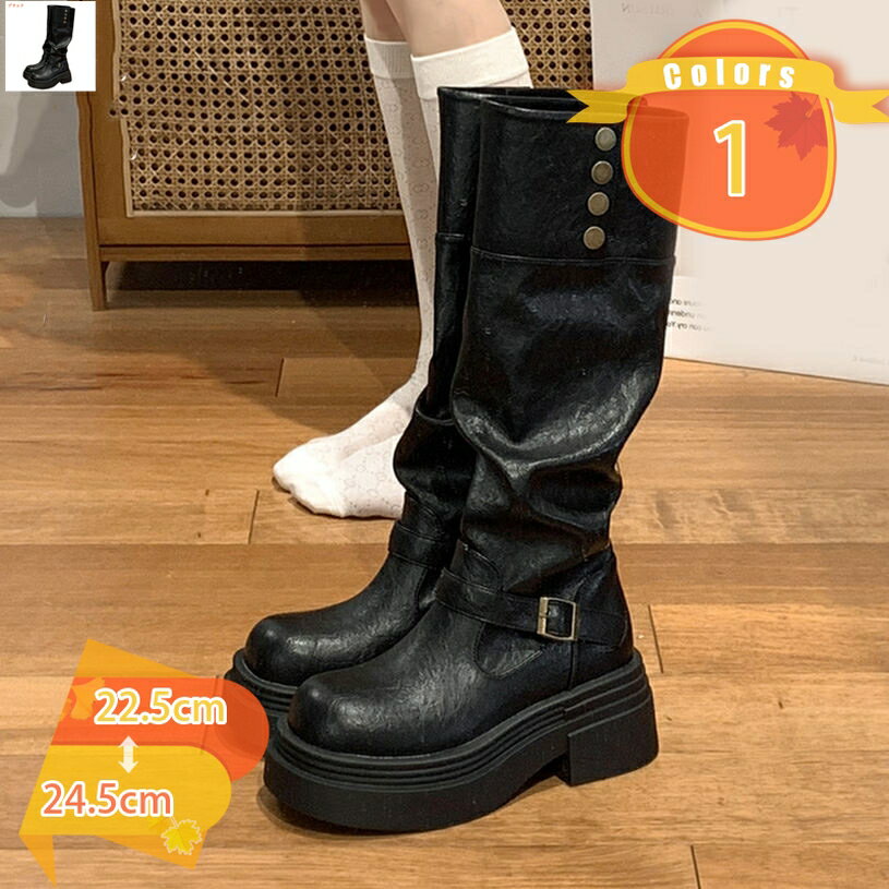 777円OFFクーポン ロングブーツ バックル 美脚 歩きやすい ジョッキーブーツ ロング エンジニア ゆった..
