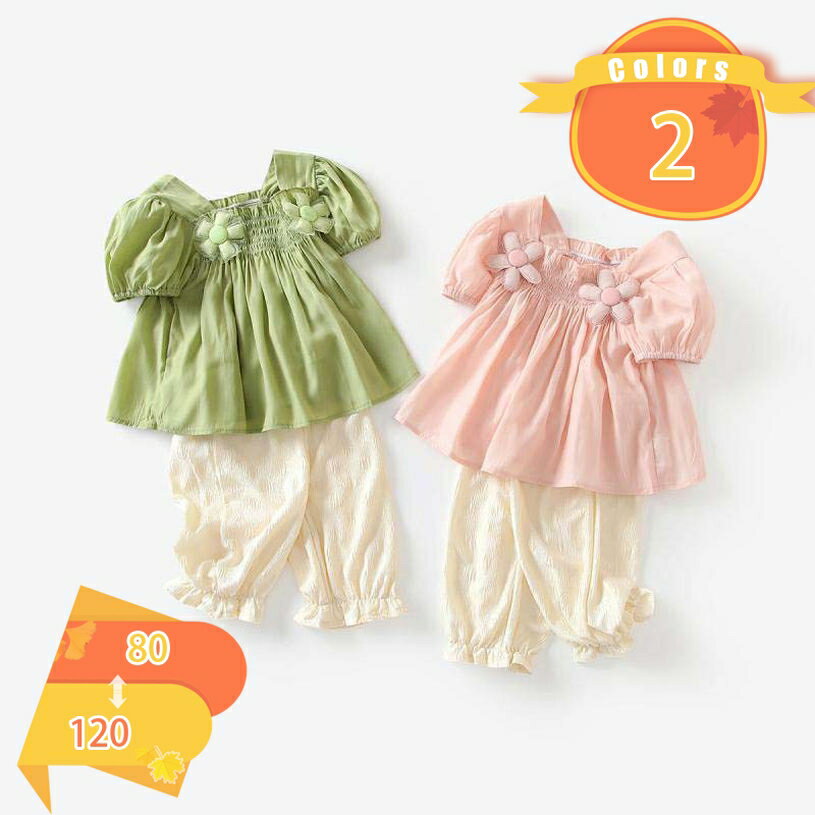 500円OFFクーポン ブラウス ロングパンツ 半ズボン ボトムス 子供服 キッズ 春夏服 女の子 ガールズ セットアップ 花柄 半袖 丸首 半ズボン 春夏 かわいい 上下セット 韓国 オシャレ トップス パンツ お宮参り 幼児 ベビー 洋服 保育園 入園式 fascimo